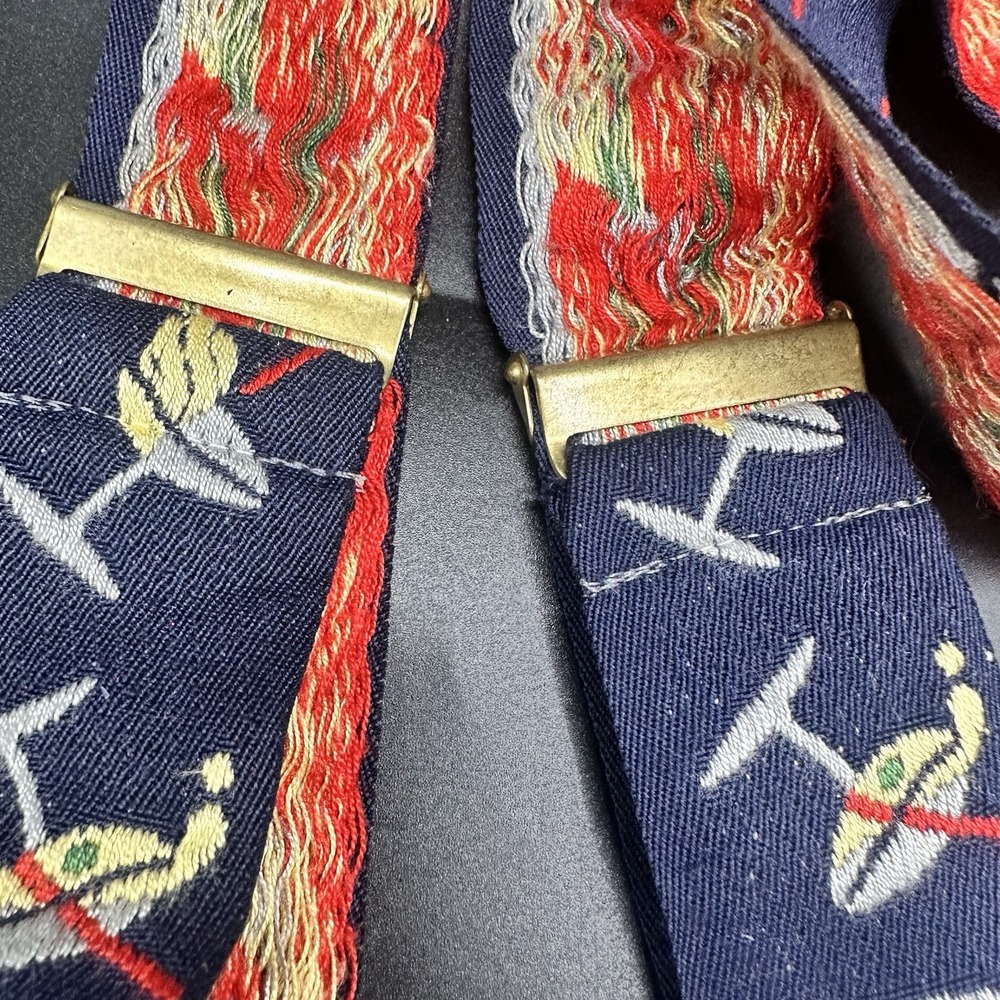 Navy Blue Ribbon Suspenders Embroidered Martini Glasses Brown Leather Closures - Picture 8 of 8